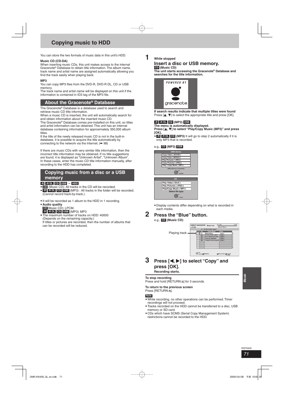 Copying music to hdd, Database, Press the “blue” button | Press [ w , q ] to select “copy” and press [ok | Panasonic DMR-XW350 User Manual | Page 71 / 120