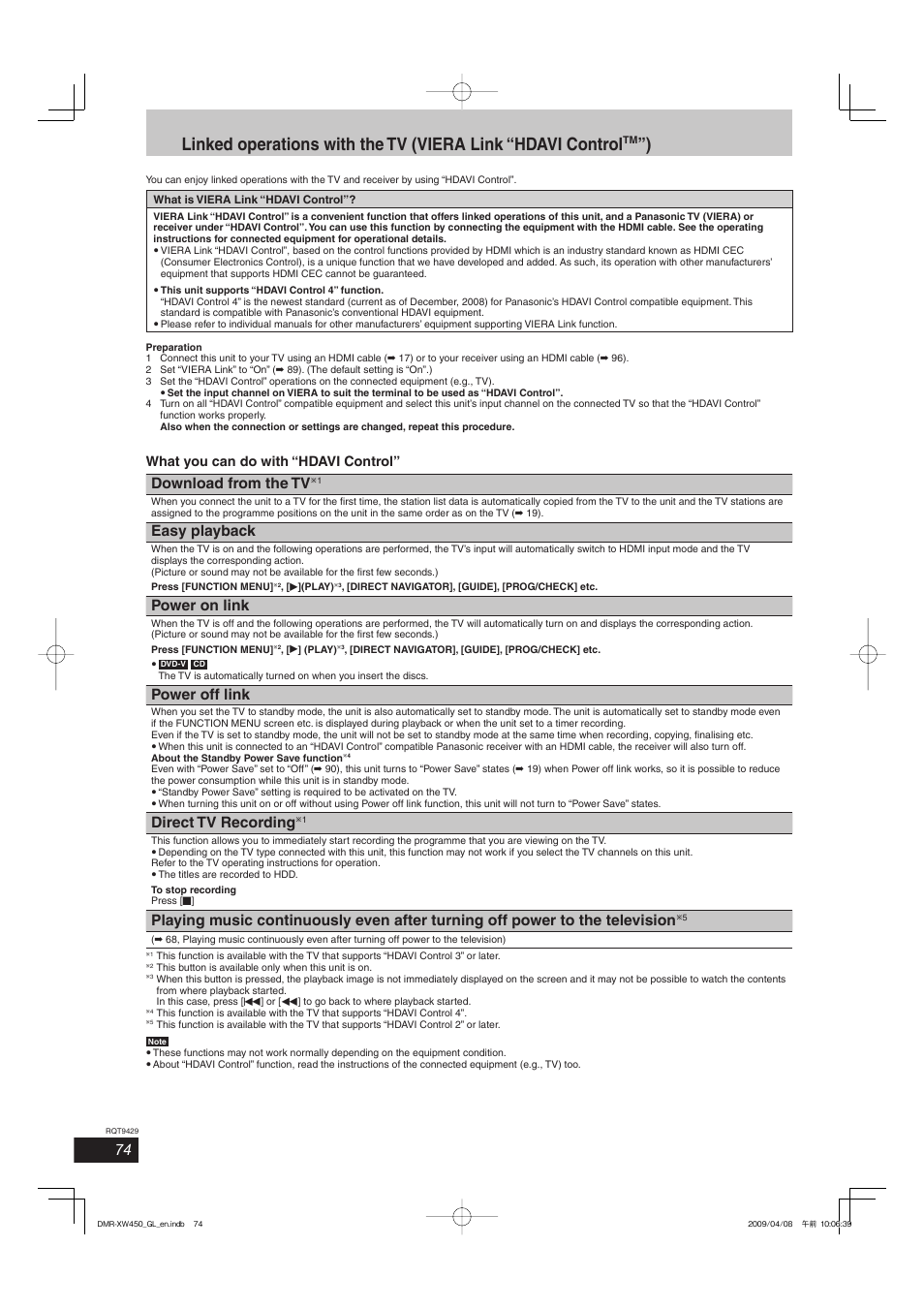 Download from the tv, Easy playback, Power on link | Power off link, Direct tv recording, What you can do with “hdavi control | Panasonic DMR-XW350 User Manual | Page 74 / 120