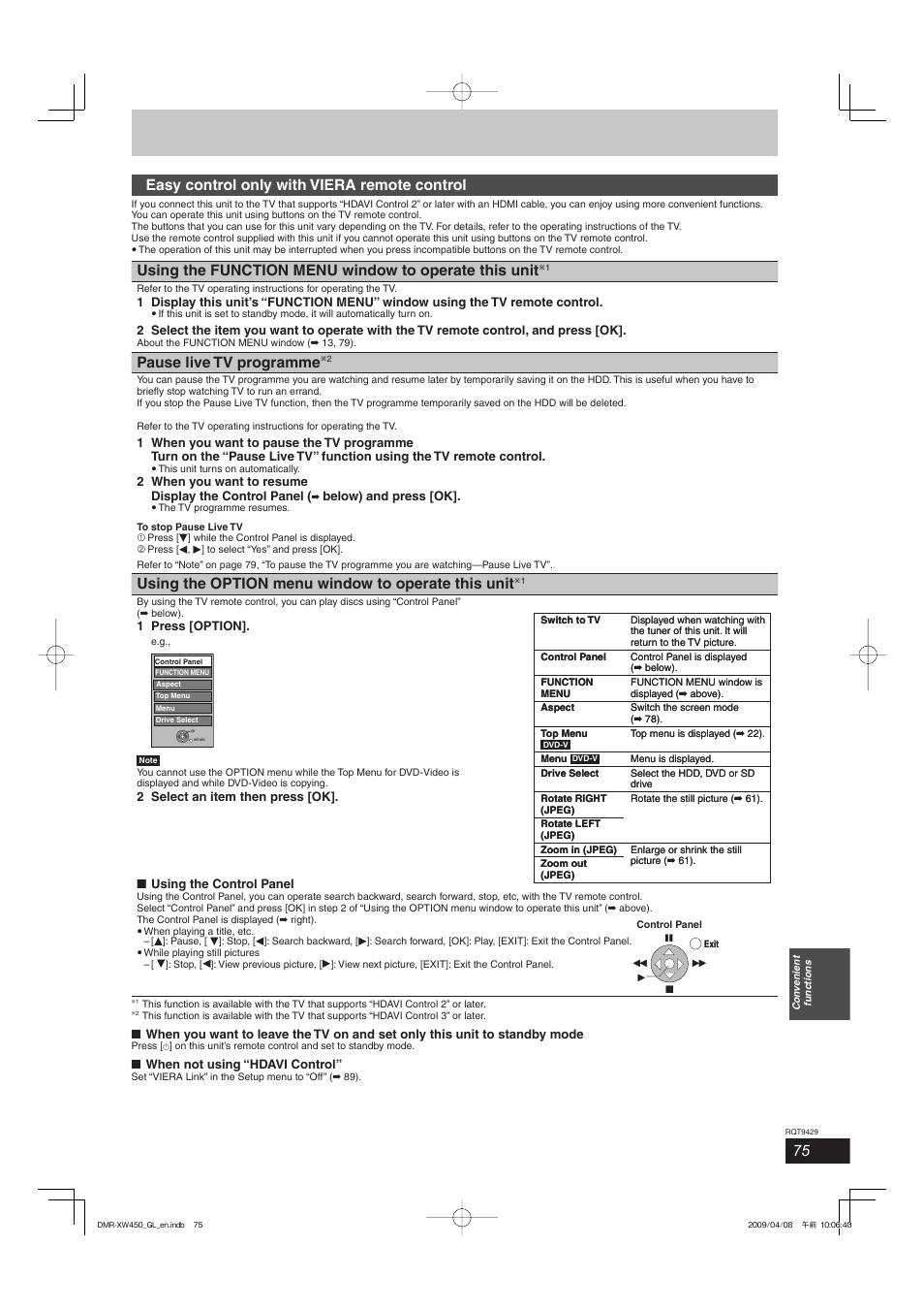 Easy control only with viera remote control, Pause live tv programme, Using the option menu window to operate this unit | Panasonic DMR-XW350 User Manual | Page 75 / 120