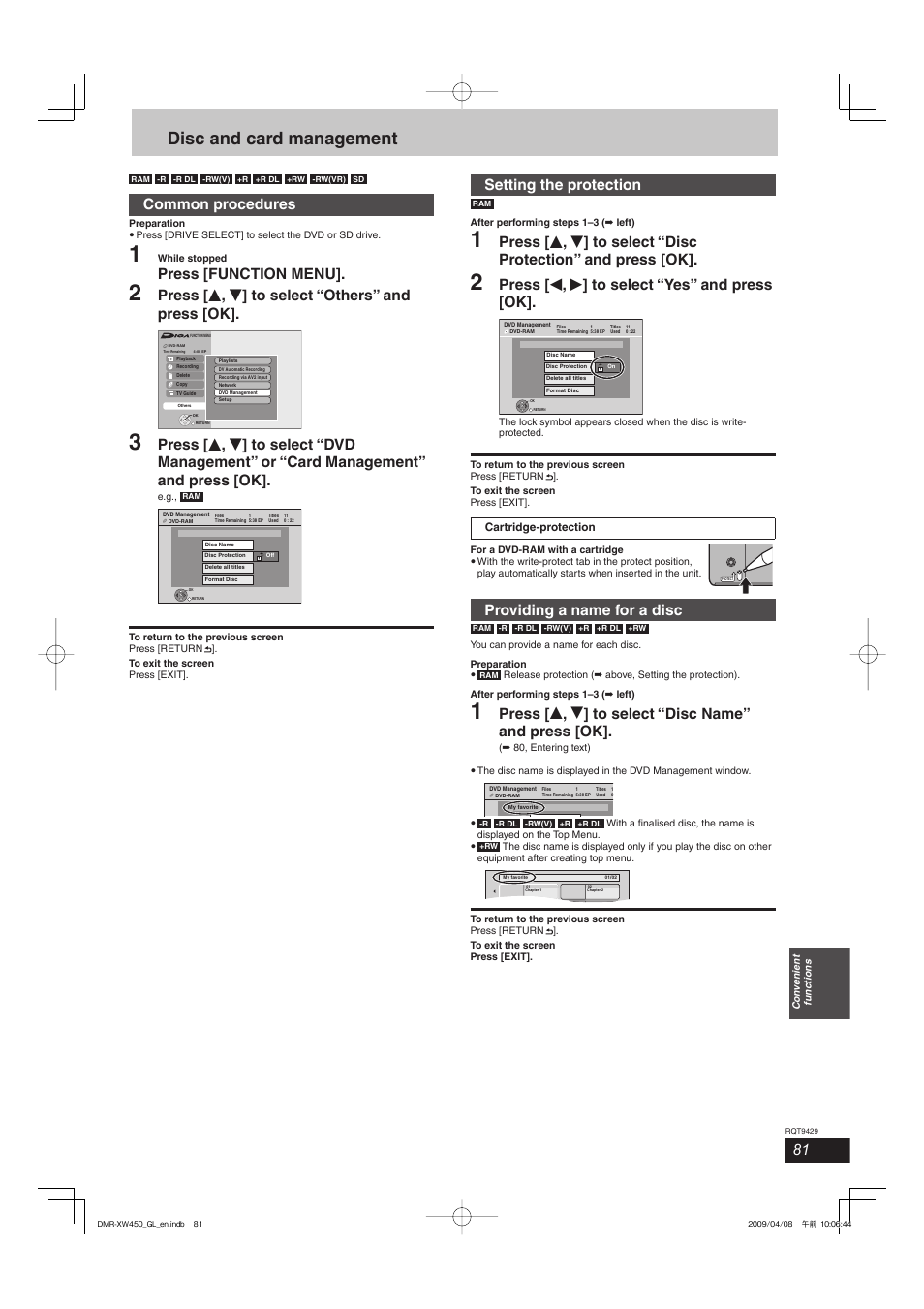 Disc and card management, Common procedures, Press [function menu | Press [ e , r ] to select “others” and press [ok, Setting the protection, Press [ w , q ] to select “yes” and press [ok, Providing a name for a disc | Panasonic DMR-XW350 User Manual | Page 81 / 120