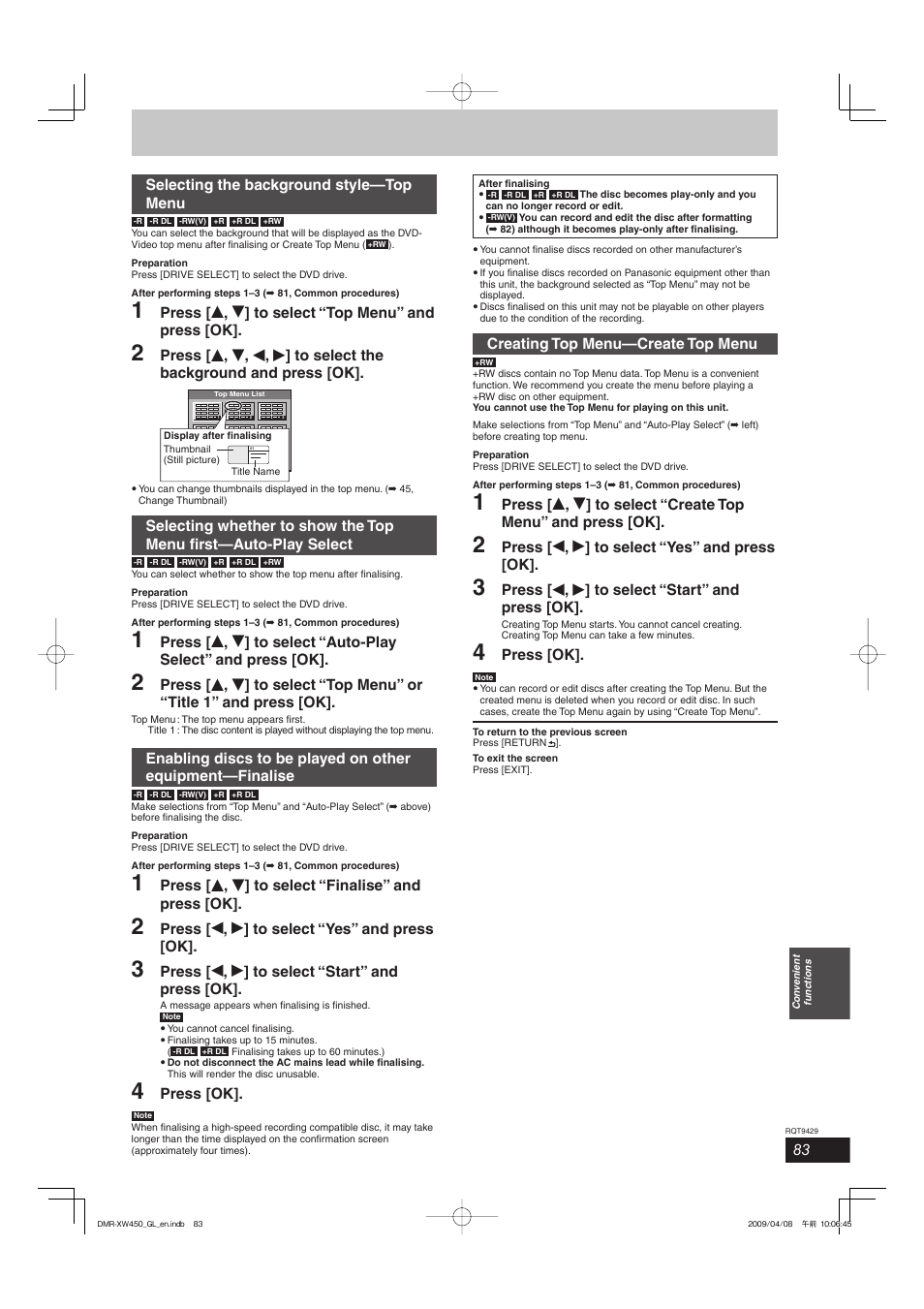 Selecting the background style—top menu, Press [ e , r ] to select “top menu” and press [ok, Press [ e , r ] to select “finalise” and press [ok | Press [ w , q ] to select “yes” and press [ok, Press [ w , q ] to select “start” and press [ok, Press [ok, Creating top menu—create top menu | Panasonic DMR-XW350 User Manual | Page 83 / 120