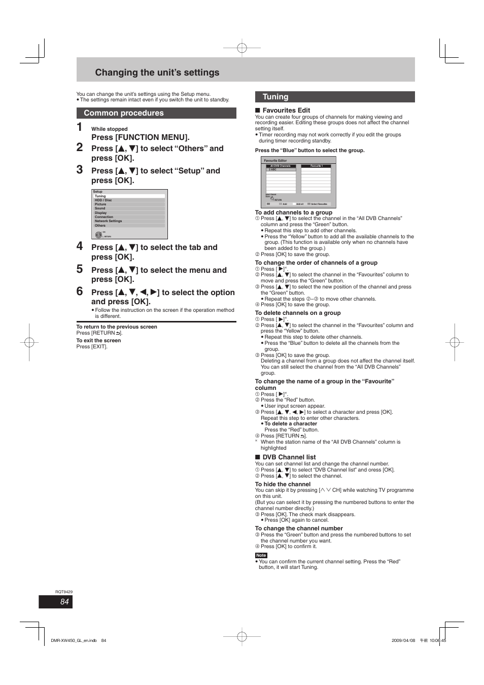 Changing the unit’s settings, Common procedures, Press [function menu | Press [ e , r ] to select “others” and press [ok, Press [ e , r ] to select “setup” and press [ok, Press [ e , r ] to select the tab and press [ok, Press [ e , r ] to select the menu and press [ok, Tuning | Panasonic DMR-XW350 User Manual | Page 84 / 120