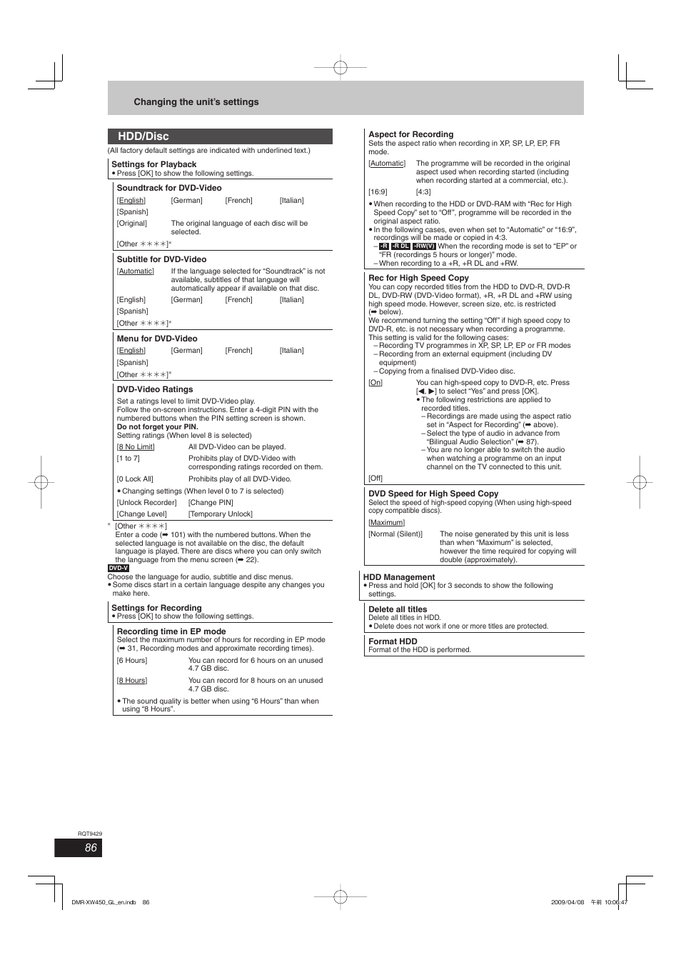 Hdd/disc | Panasonic DMR-XW350 User Manual | Page 86 / 120