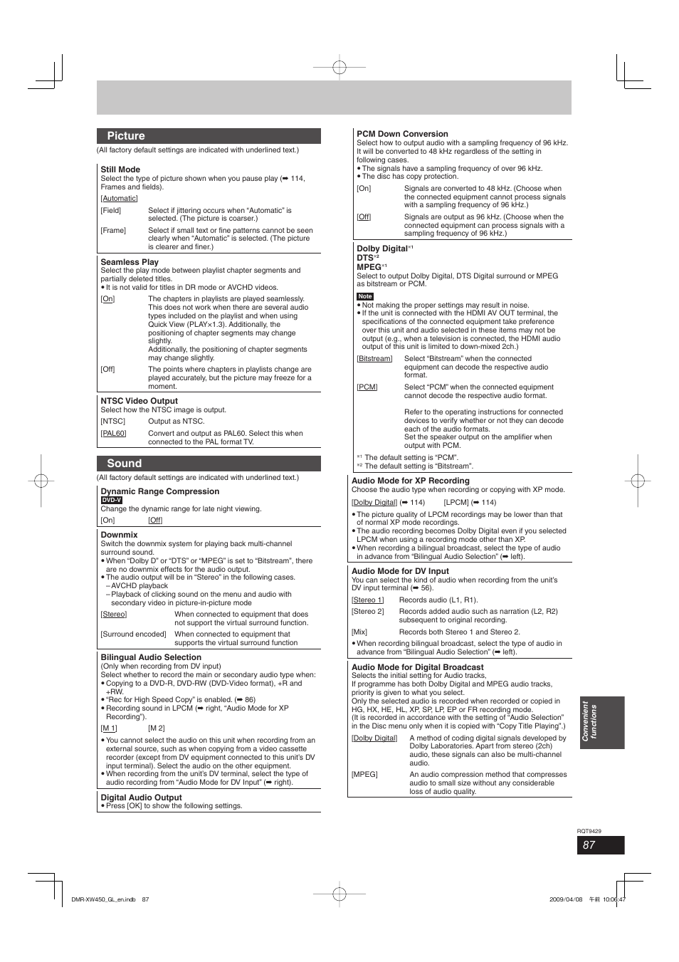 Picture, Sound | Panasonic DMR-XW350 User Manual | Page 87 / 120