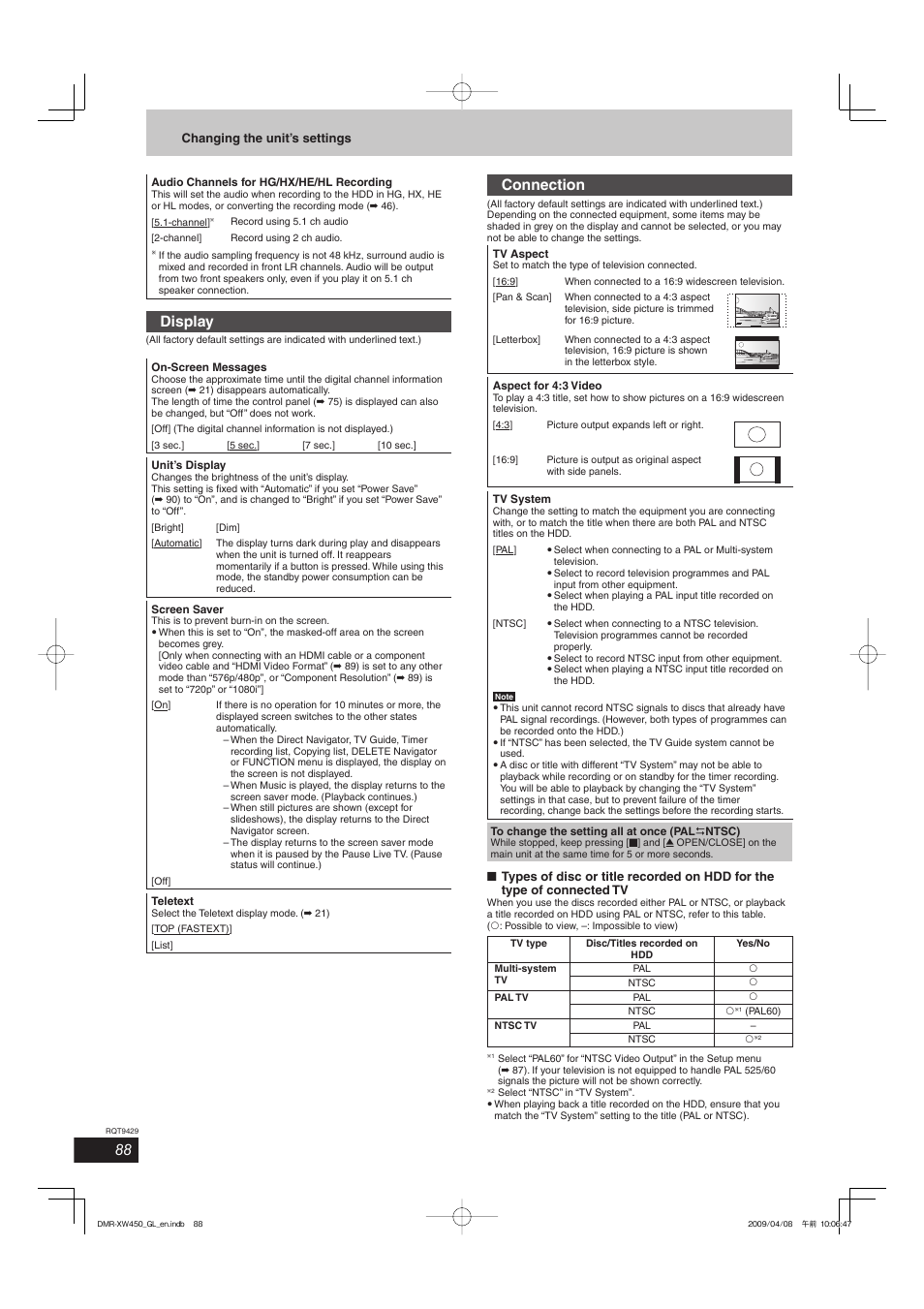 Display, Connection | Panasonic DMR-XW350 User Manual | Page 88 / 120