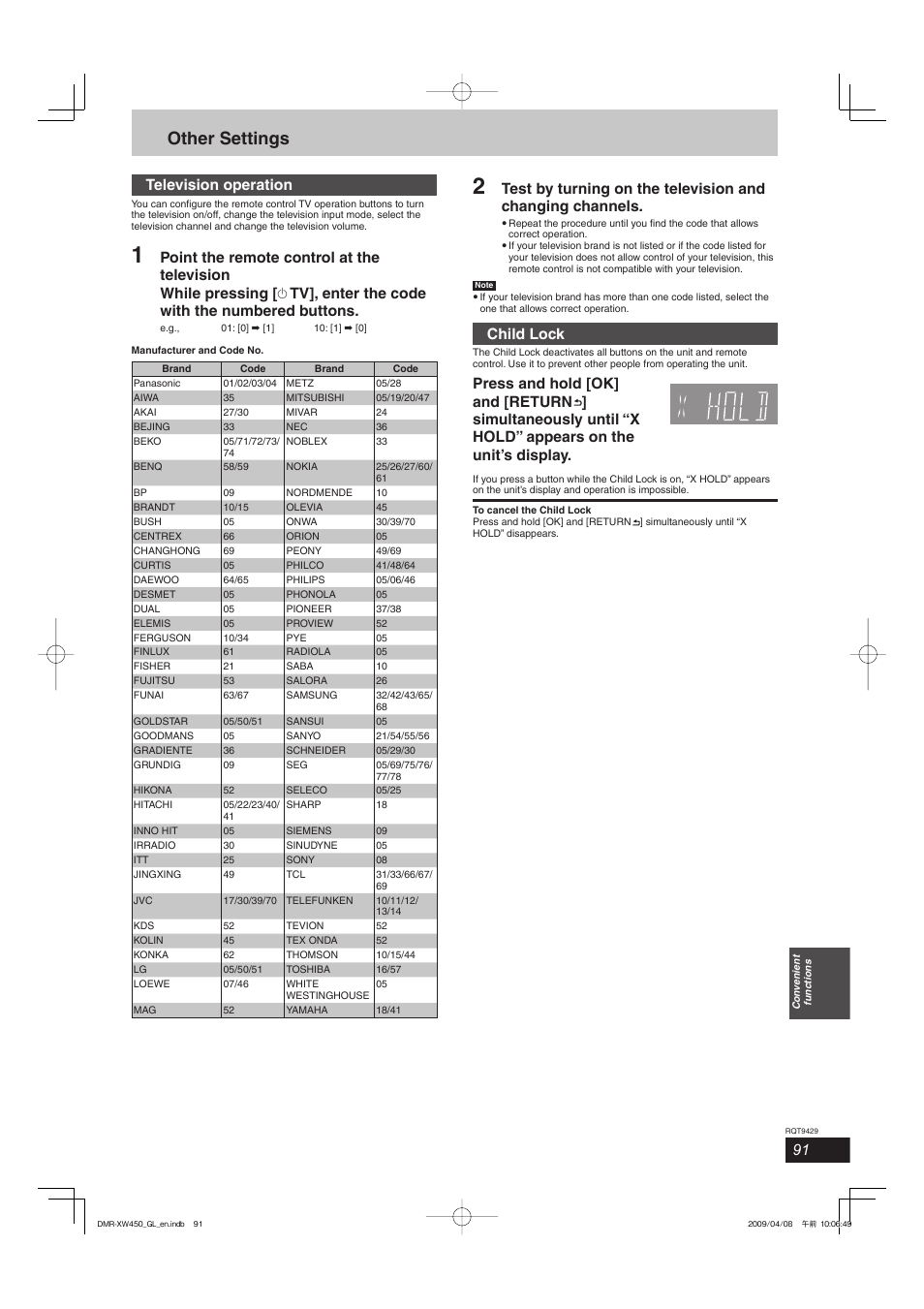 Other settings, Television operation, Child lock | Panasonic DMR-XW350 User Manual | Page 91 / 120