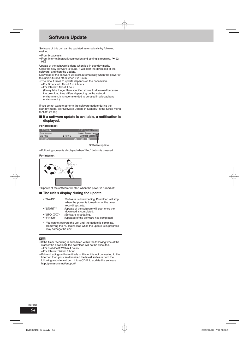 Software update | Panasonic DMR-XW350 User Manual | Page 94 / 120