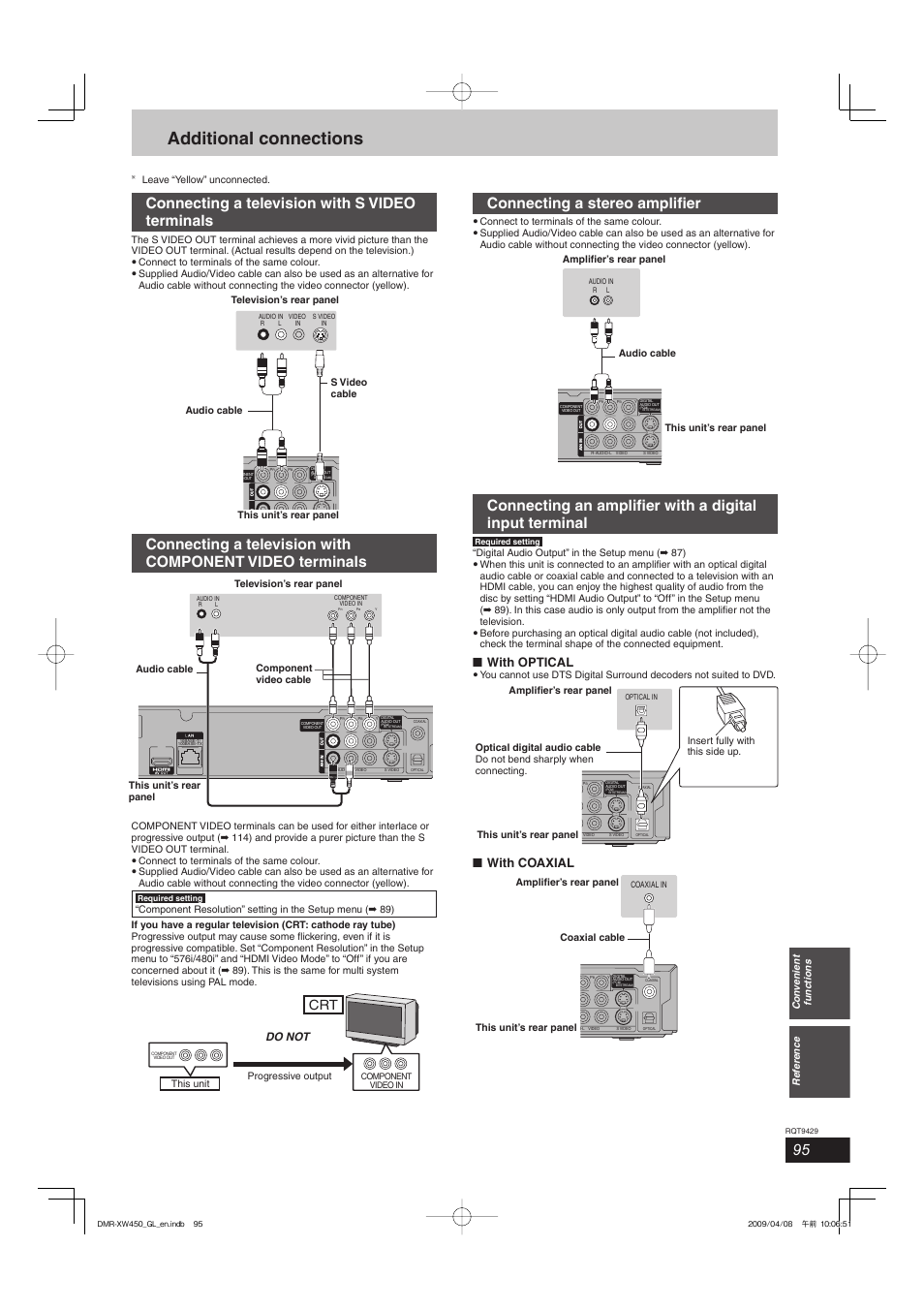 Additional connections, Connecting a television with s video terminals, Connecting a stereo amplifi er | With optical, With coaxial, Do not | Panasonic DMR-XW350 User Manual | Page 95 / 120