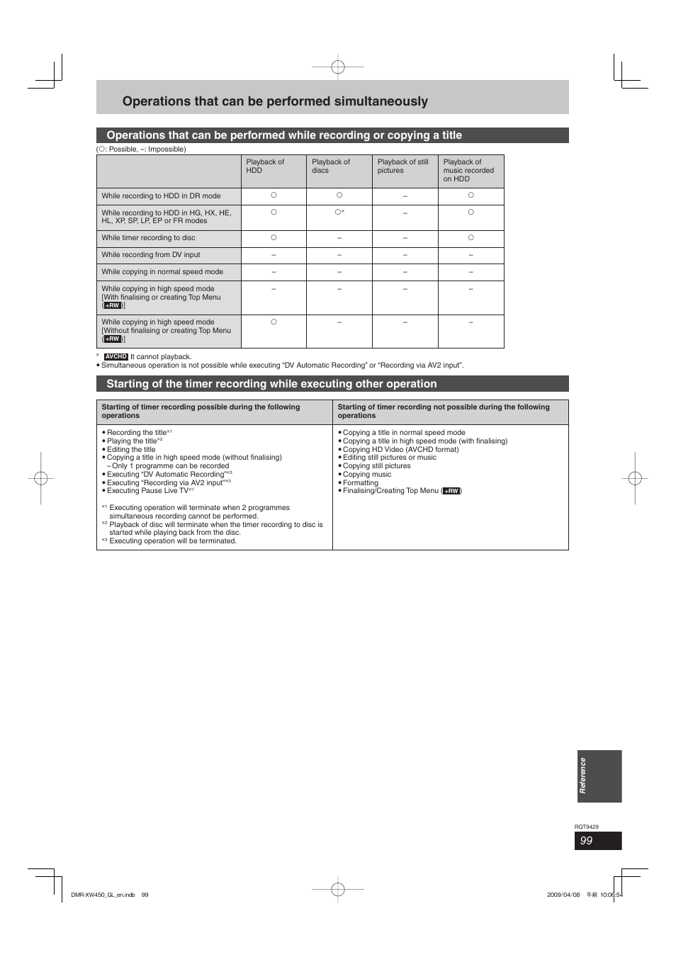 Operations that can be performed simultaneously | Panasonic DMR-XW350 User Manual | Page 99 / 120