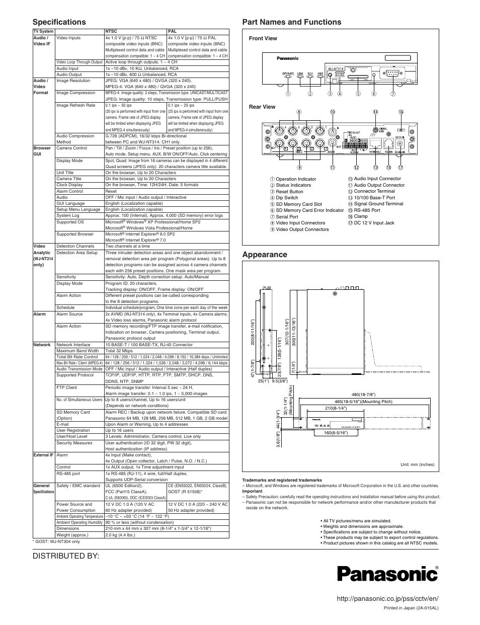 Distributed by: specifications, Part names and functions appearance | Panasonic WJ-NT314 User Manual | Page 2 / 2