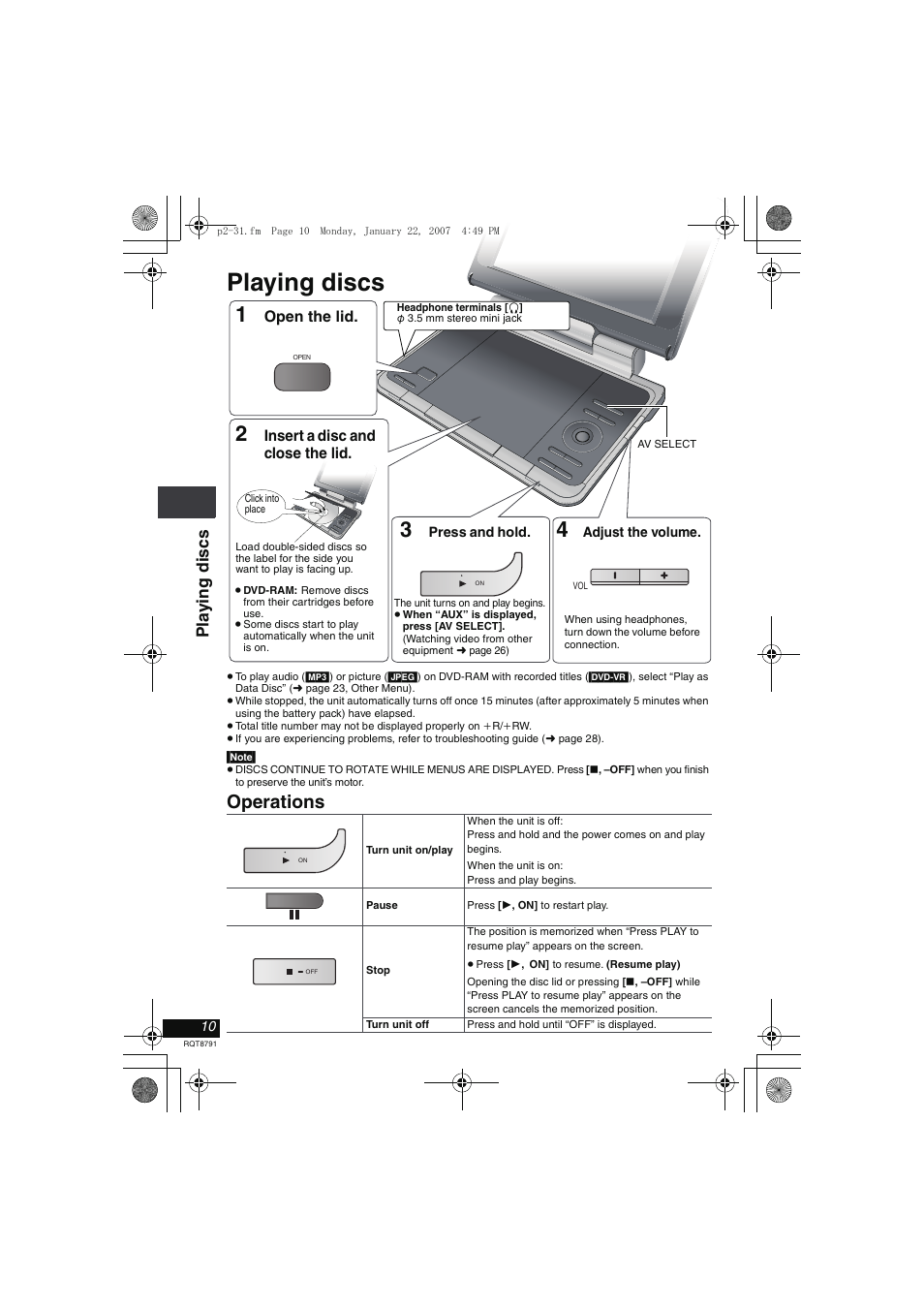 Playing discs, Operations, Pla y ing di scs | Panasonic DVD-LS82 User Manual | Page 10 / 32