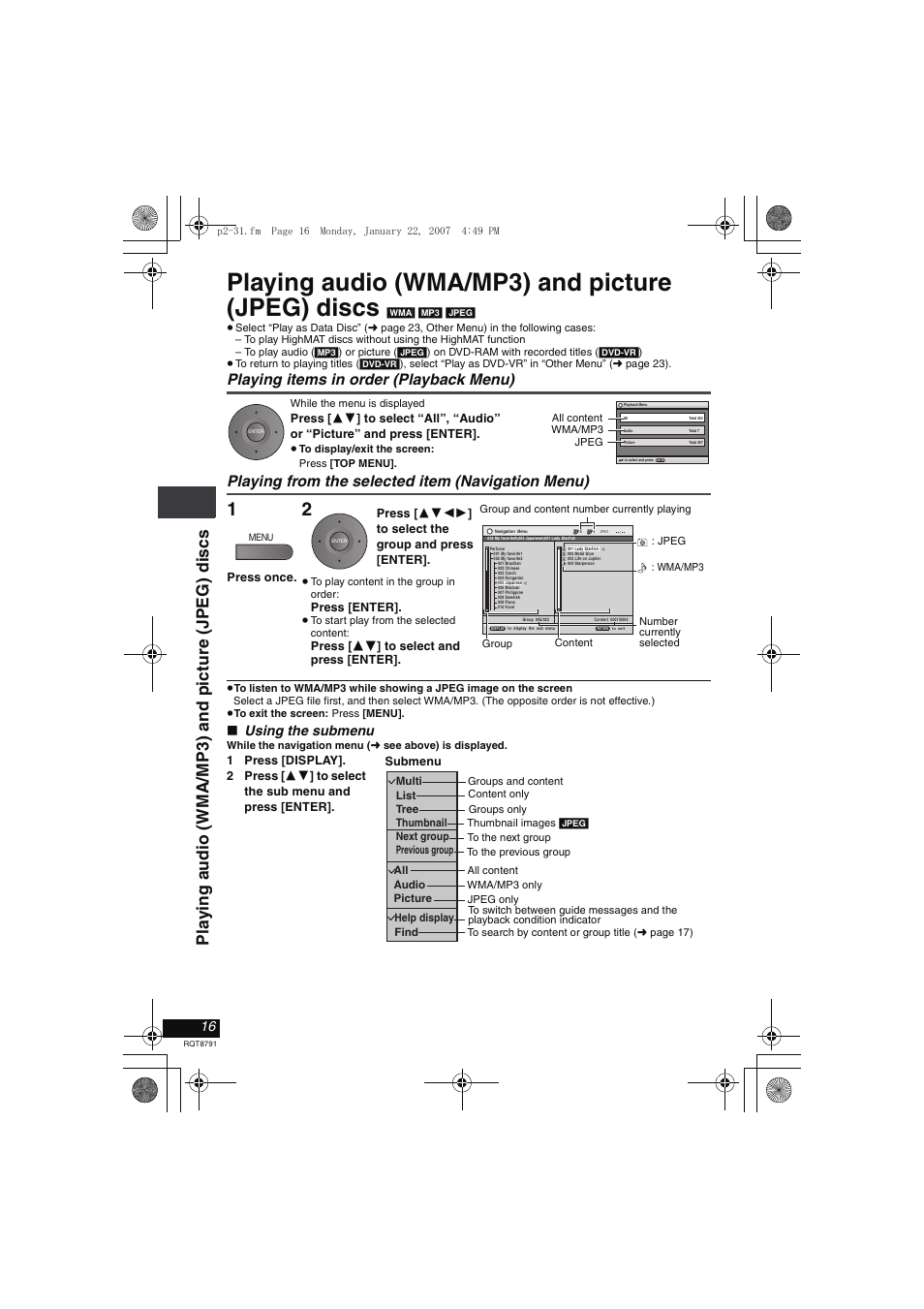Playing audio (wma/mp3) and picture (jpeg) discs, Using the submenu | Panasonic DVD-LS82 User Manual | Page 16 / 32
