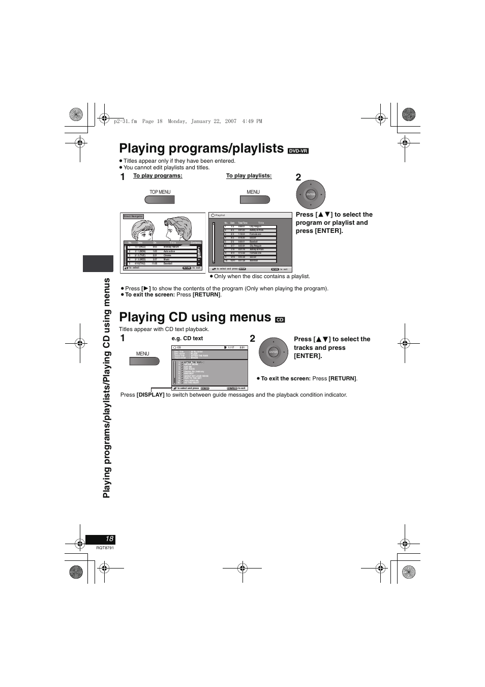 Playing programs/playlists, Playing cd using menus, Press [ 34 ] to select the tracks and press [enter | Panasonic DVD-LS82 User Manual | Page 18 / 32