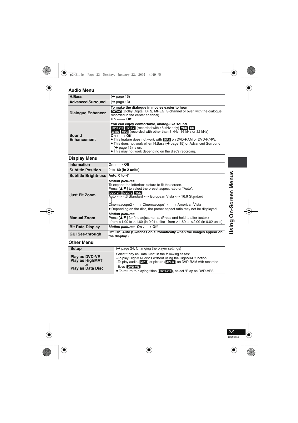 Usi ng o n -s cree n men u s | Panasonic DVD-LS82 User Manual | Page 23 / 32