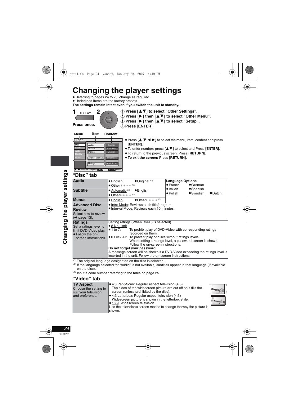 Changing the player settings, Changi ng t he pla y er set ti ngs, Disc” tab | Video” tab | Panasonic DVD-LS82 User Manual | Page 24 / 32