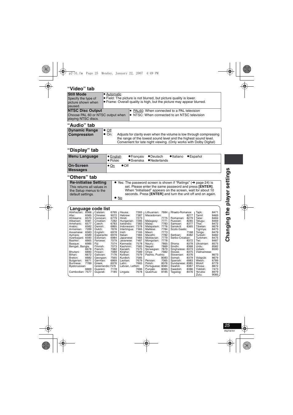 Changi ng t he pla y er set ti ngs, Video” tab “audio” tab “display” tab “others” tab, Language code list | Panasonic DVD-LS82 User Manual | Page 25 / 32