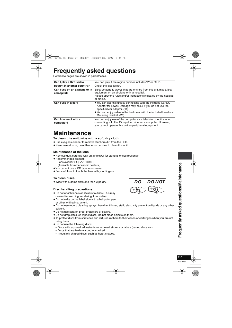 Frequently asked questions, Maintenance | Panasonic DVD-LS82 User Manual | Page 27 / 32