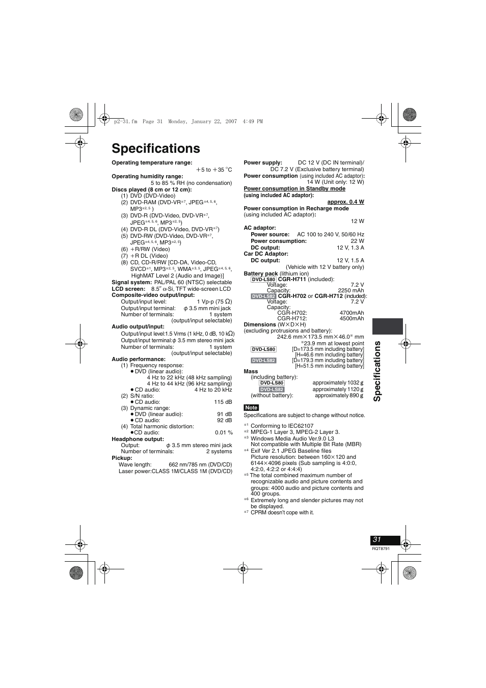 Specifications, Sp ecif ica ti ons | Panasonic DVD-LS82 User Manual | Page 31 / 32