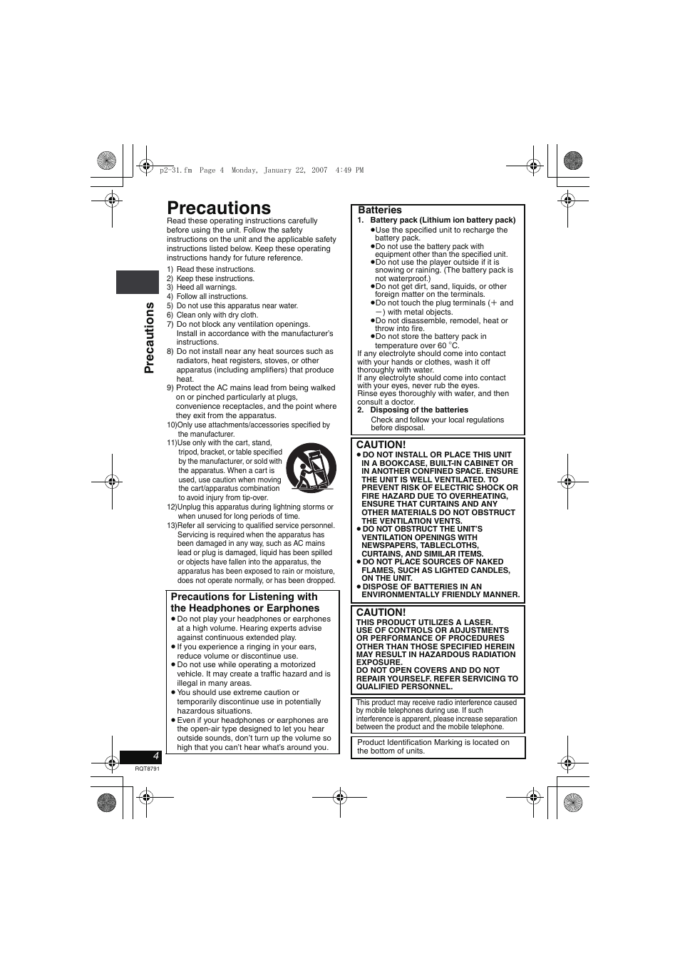 Precautions, Pr ecaut ions | Panasonic DVD-LS82 User Manual | Page 4 / 32