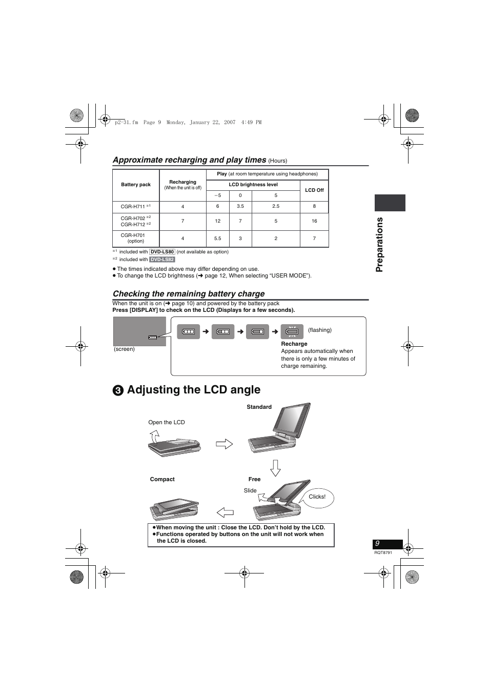 3 adjusting the lcd angle, Pre parat ions, Approximate recharging and play times | Checking the remaining battery charge | Panasonic DVD-LS82 User Manual | Page 9 / 32
