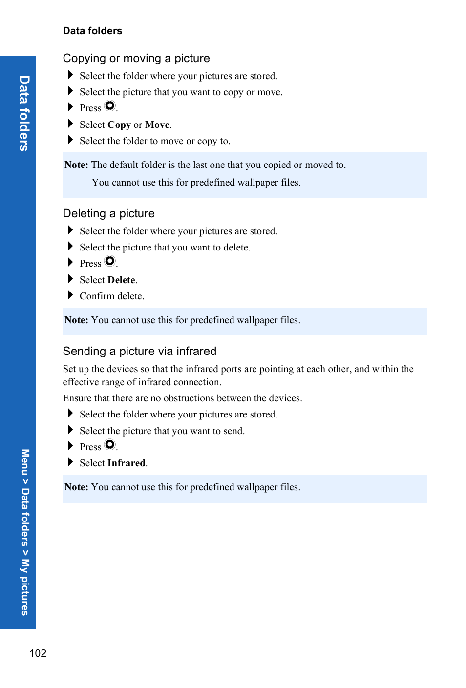 Copying or moving a picture, Deleting a picture, Sending a picture via infrared | Data folde rs | Panasonic X70 User Manual | Page 101 / 155