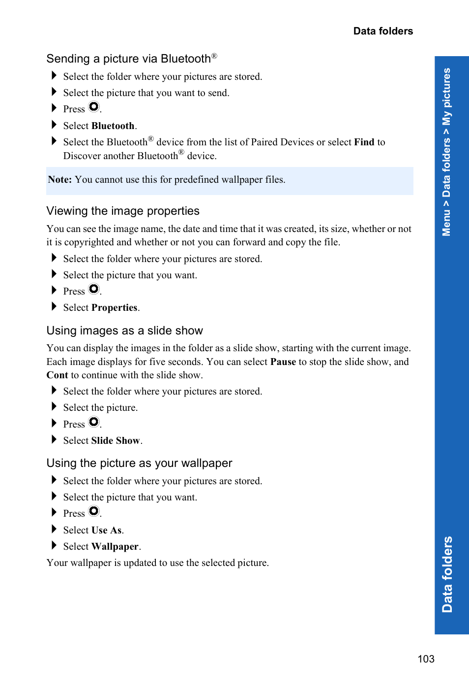 Sending a picture via bluetooth, Viewing the image properties, Using images as a slide show | Using the picture as your wallpaper, Da ta fol d e rs | Panasonic X70 User Manual | Page 102 / 155