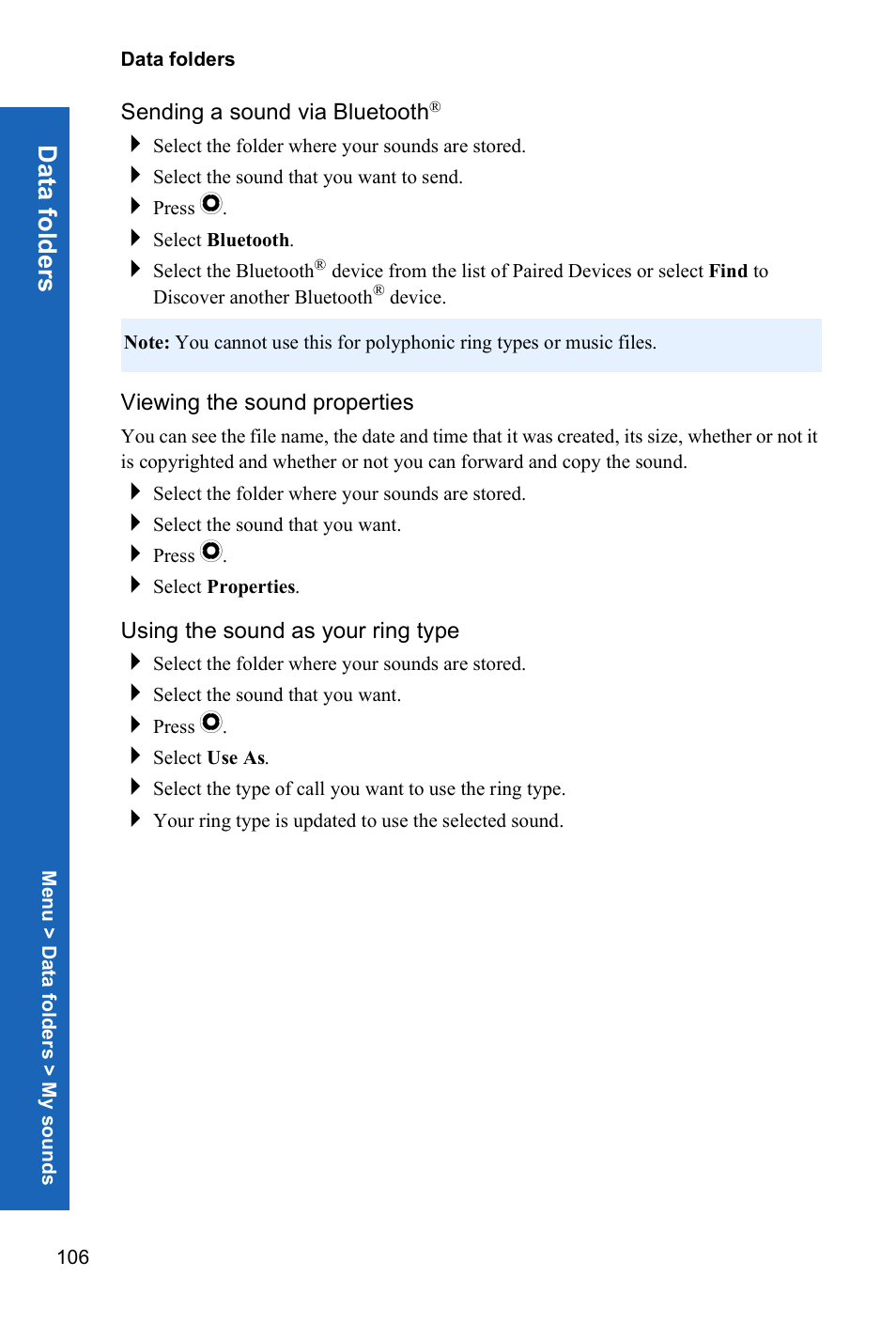 Sending a sound via bluetooth, Viewing the sound properties, Using the sound as your ring type | Data folde rs | Panasonic X70 User Manual | Page 105 / 155