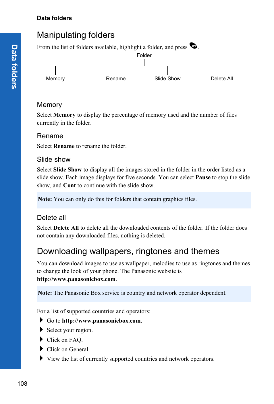 Manipulating folders, Memory, Rename | Slide show, Delete all, Downloading wallpapers, ringtones and themes, Data folde rs | Panasonic X70 User Manual | Page 107 / 155
