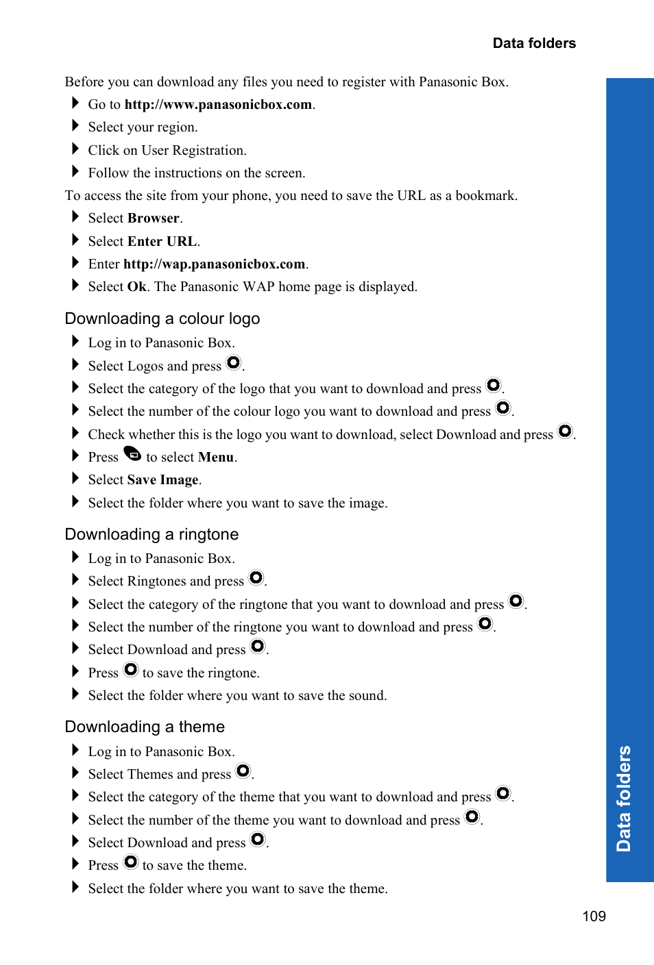 Downloading a colour logo, Downloading a ringtone, Downloading a theme | Panasonic X70 User Manual | Page 108 / 155
