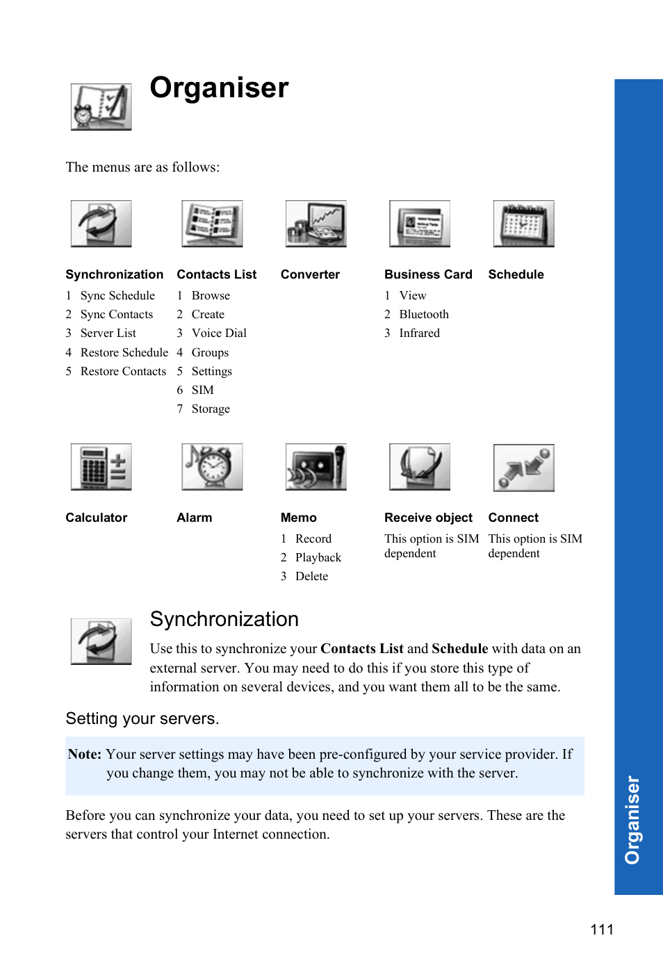 Organiser, Synchronization, Setting your servers | Org a n is er | Panasonic X70 User Manual | Page 110 / 155