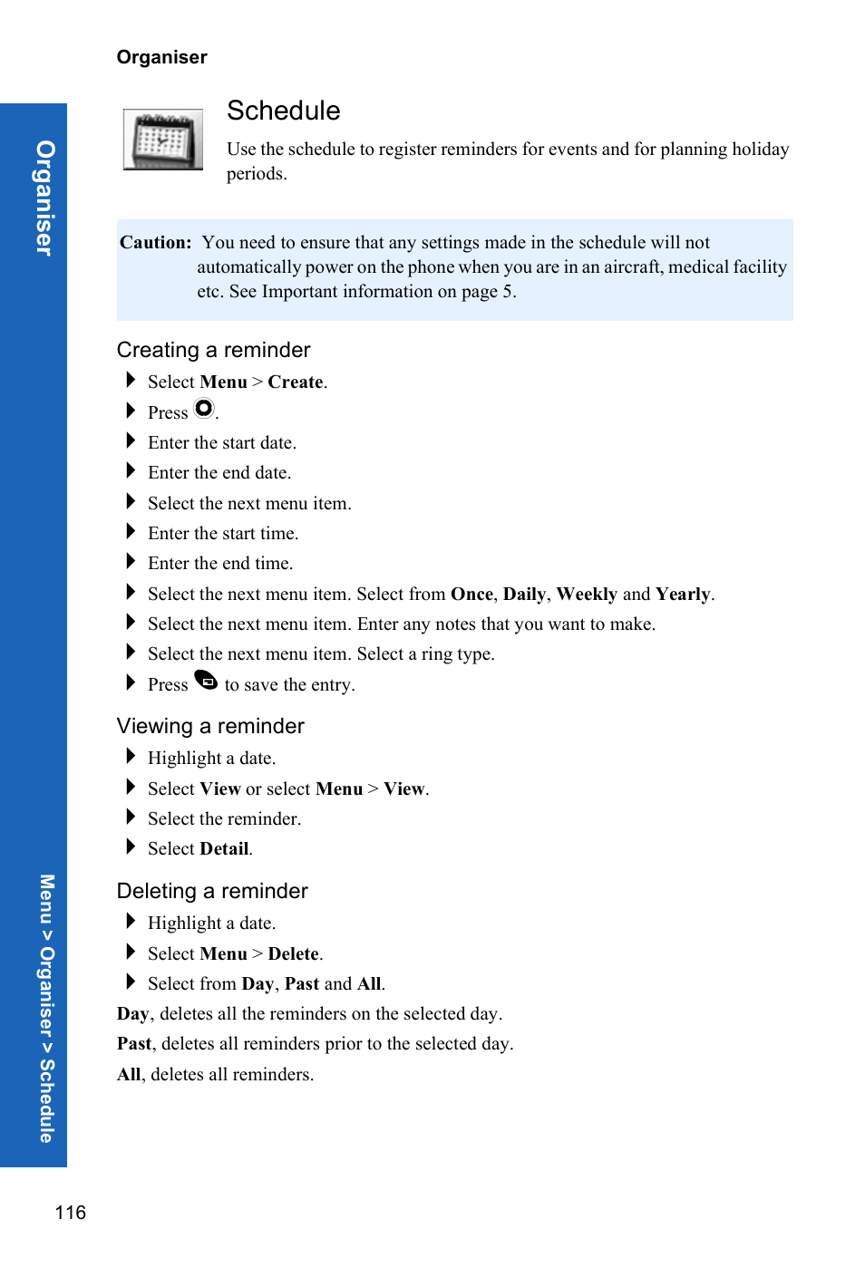 Schedule, Creating a reminder, Viewing a reminder | Deleting a reminder | Panasonic X70 User Manual | Page 115 / 155