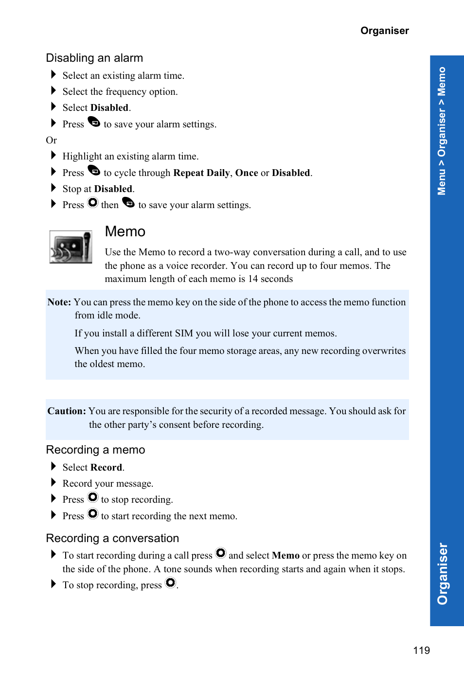 Disabling an alarm, Memo, Recording a memo | Recording a conversation, Org a n is er | Panasonic X70 User Manual | Page 118 / 155
