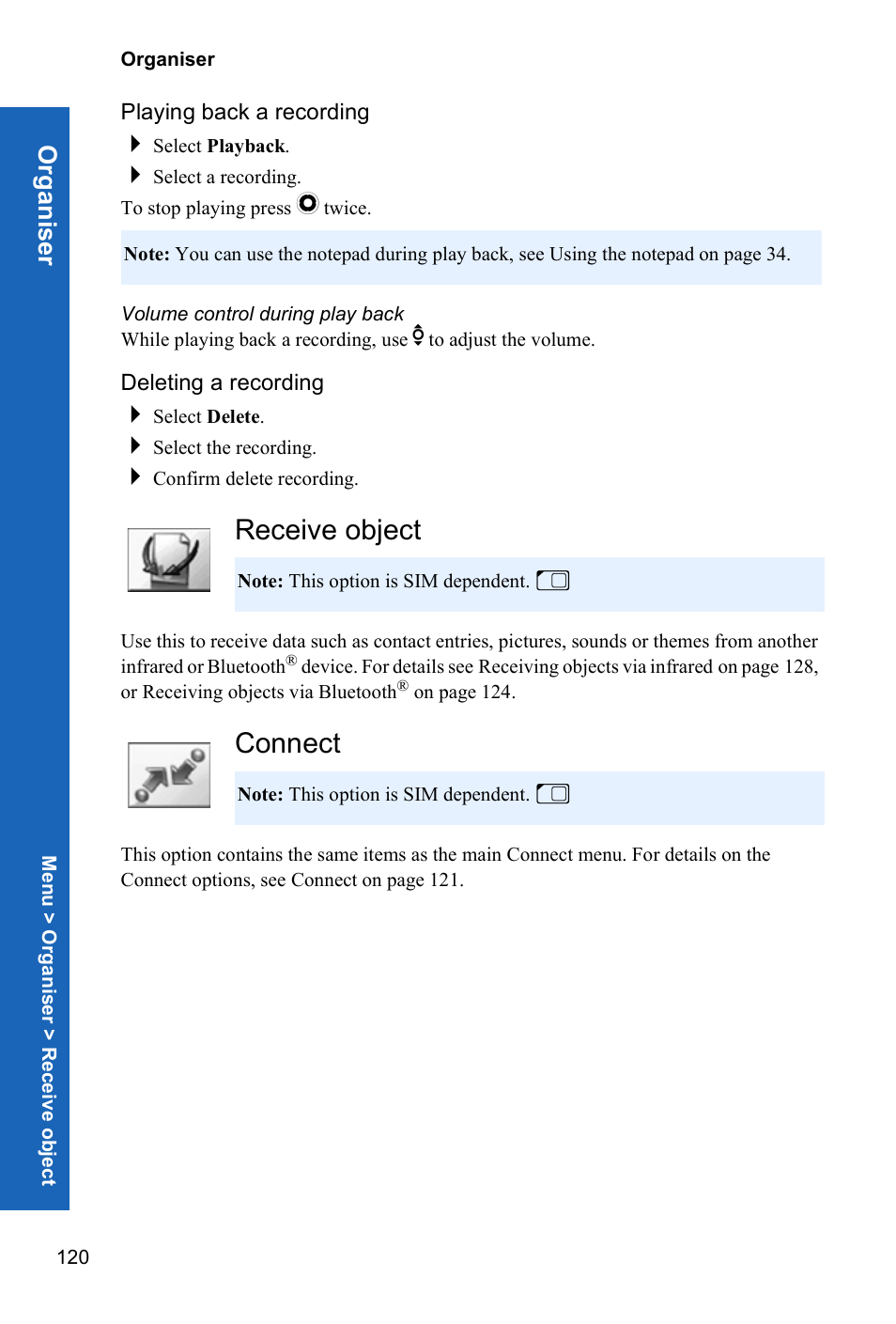 Playing back a recording, Volume control during play back, Deleting a recording | Receive object, Connect | Panasonic X70 User Manual | Page 119 / 155