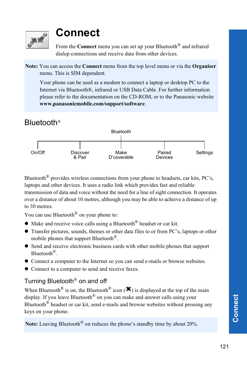 Connect, Bluetooth, Turning bluetooth® on and off | Con n e ct | Panasonic X70 User Manual | Page 120 / 155
