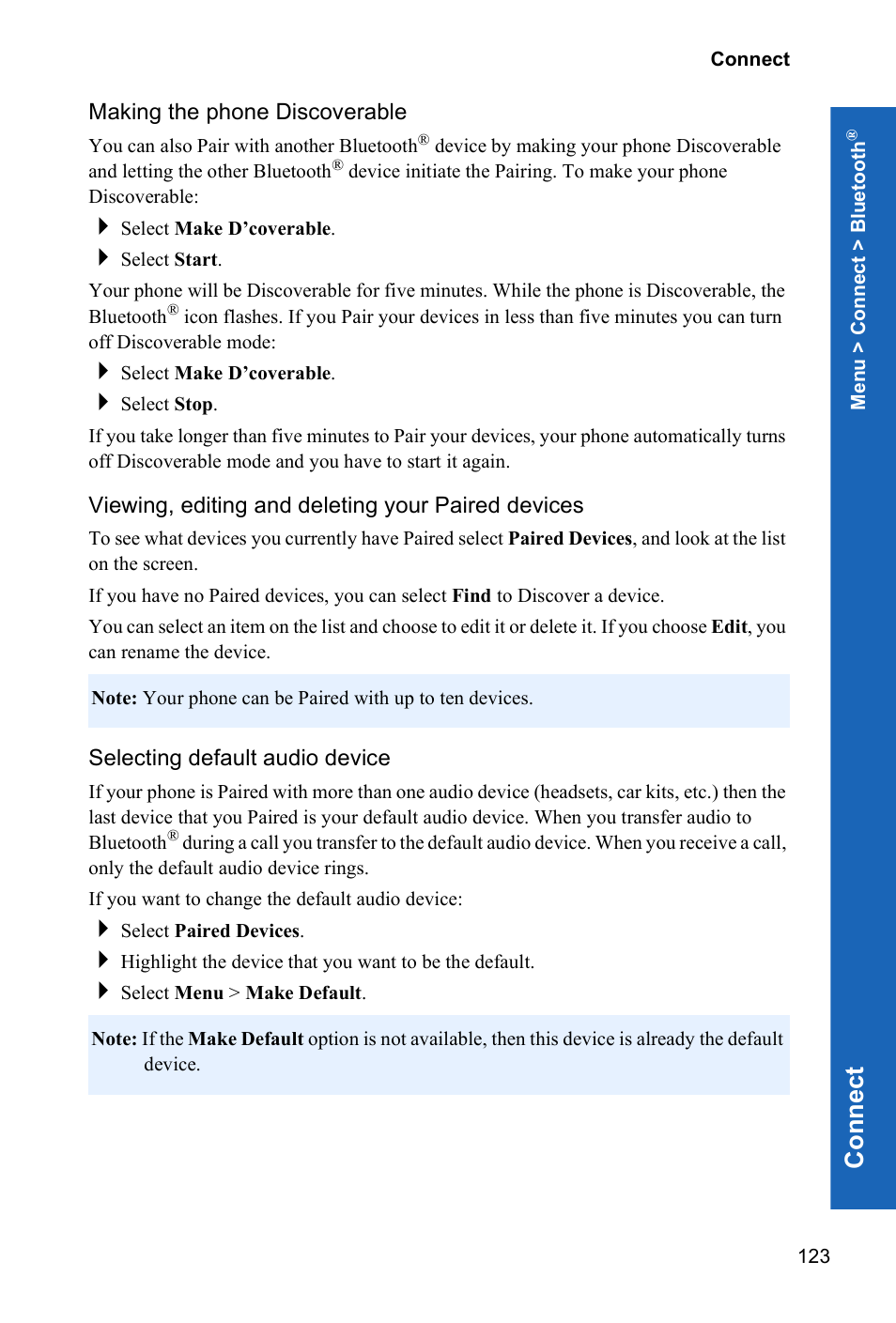 Making the phone discoverable, Viewing, editing and deleting your paired devices, Selecting default audio device | Con n e ct | Panasonic X70 User Manual | Page 122 / 155