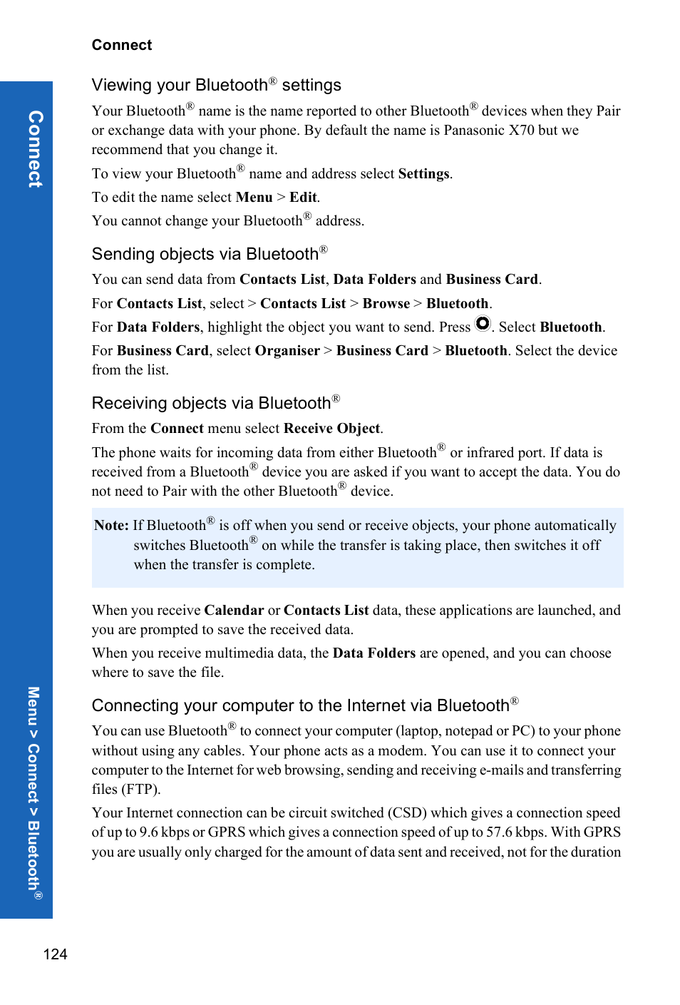 Viewing your bluetooth® settings, Sending objects via bluetooth, Receiving objects via bluetooth | Or receiving objects via bluetooth, Conn ect, Viewing your bluetooth, Settings | Panasonic X70 User Manual | Page 123 / 155