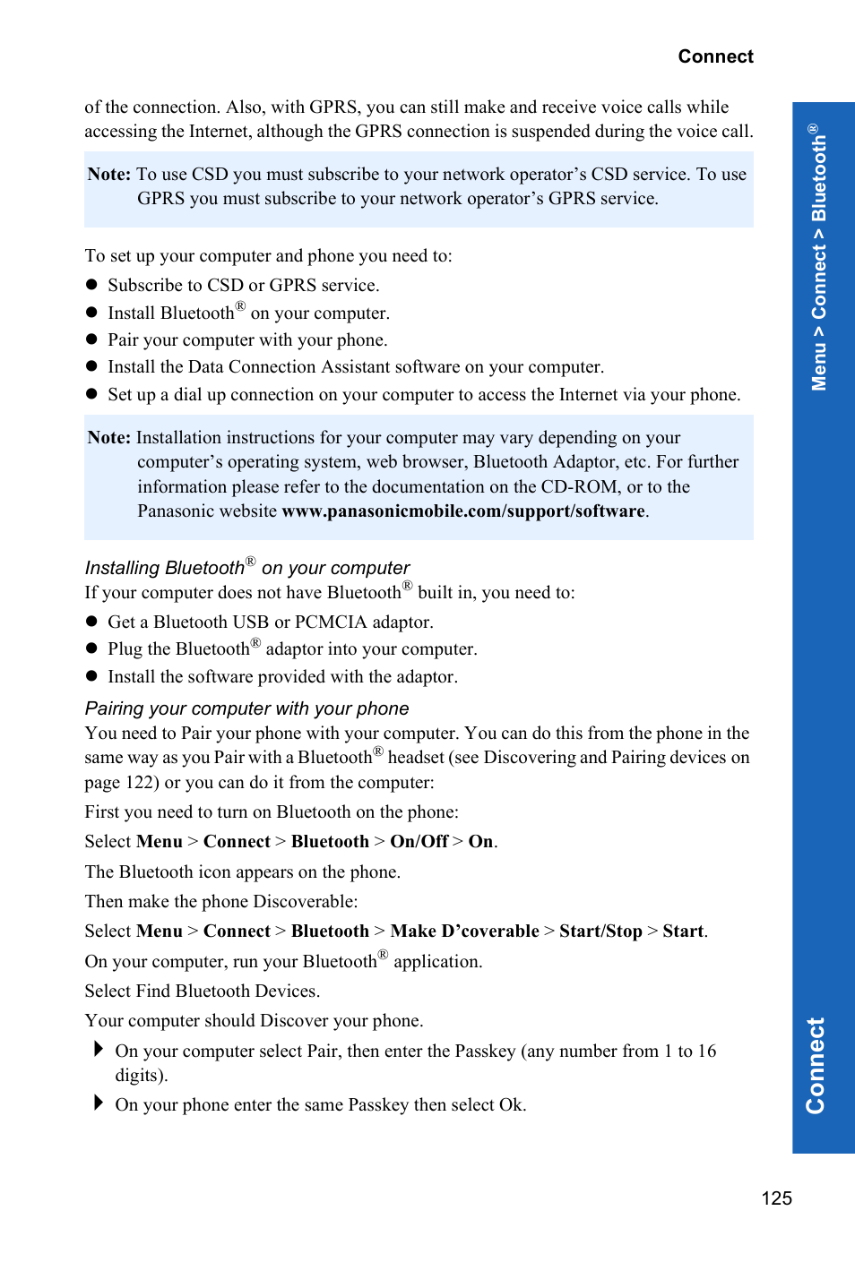 Installing bluetooth® on your computer, Pairing your computer with your phone, Con n e ct | Panasonic X70 User Manual | Page 124 / 155