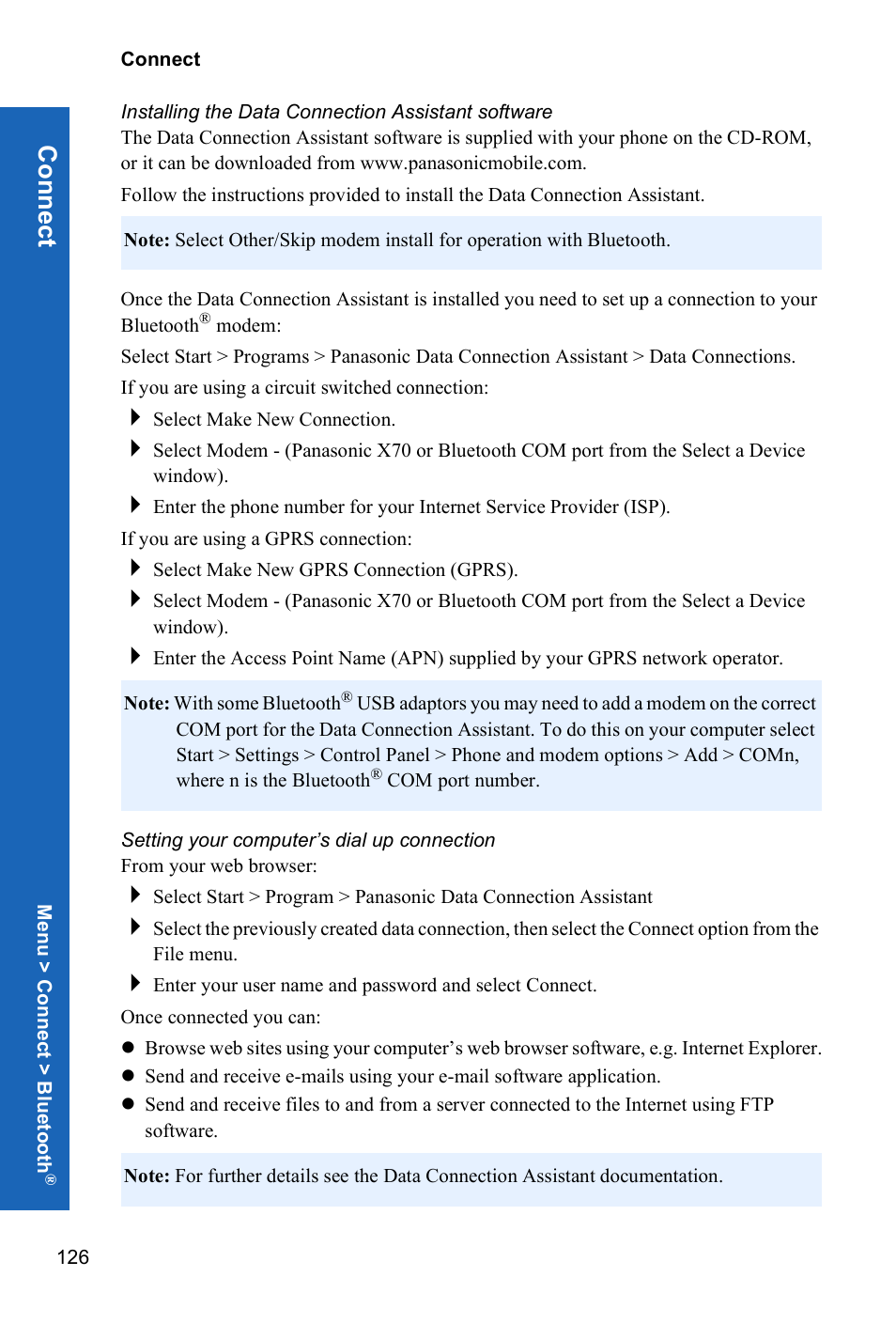 Installing the data connection assistant software, Setting your computer’s dial up connection, Conn ect | Panasonic X70 User Manual | Page 125 / 155