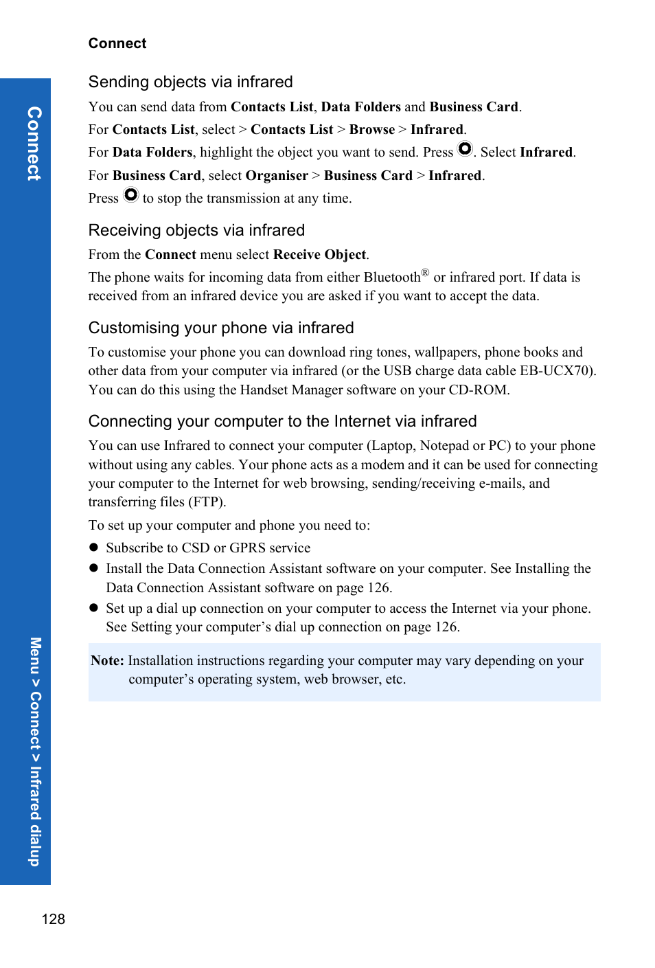 Sending objects via infrared, Receiving objects via infrared, Customising your phone via infrared | Conn ect | Panasonic X70 User Manual | Page 127 / 155