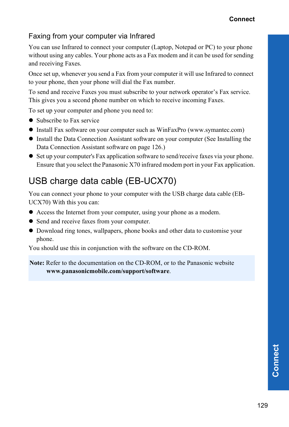 Faxing from your computer via infrared, Usb charge data cable (eb-ucx70), Con n e ct | Panasonic X70 User Manual | Page 128 / 155