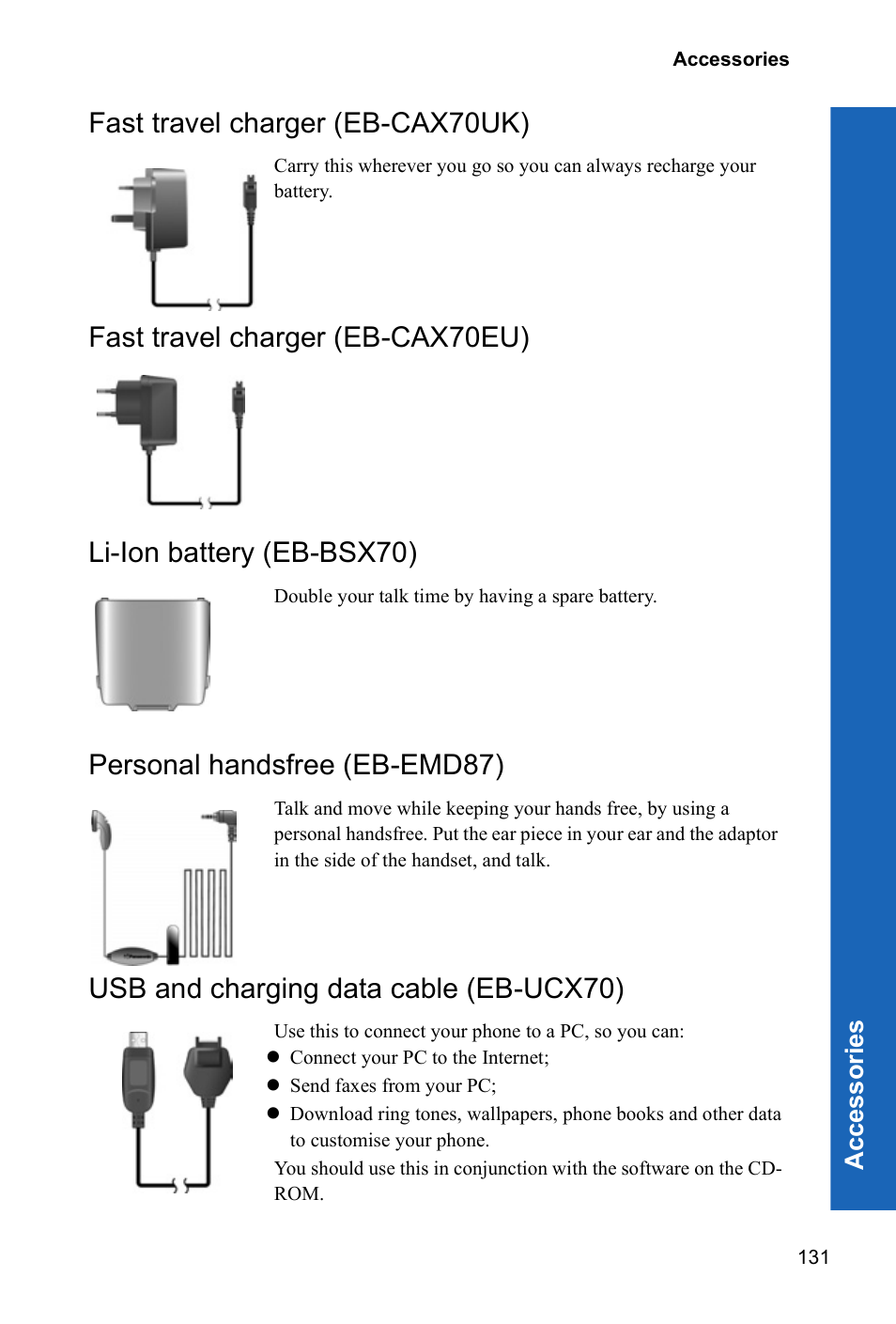 Fast travel charger (eb-cax70uk), Fast travel charger (eb-cax70eu), Li-ion battery (eb-bsx70) | Personal handsfree (eb-emd87), Usb and charging data cable (eb-ucx70) | Panasonic X70 User Manual | Page 130 / 155