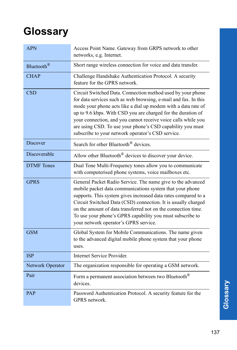 Glossary, Glos sar y | Panasonic X70 User Manual | Page 136 / 155