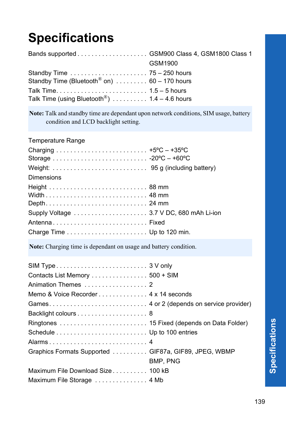Specifications, Spe c ifi cati ons | Panasonic X70 User Manual | Page 138 / 155