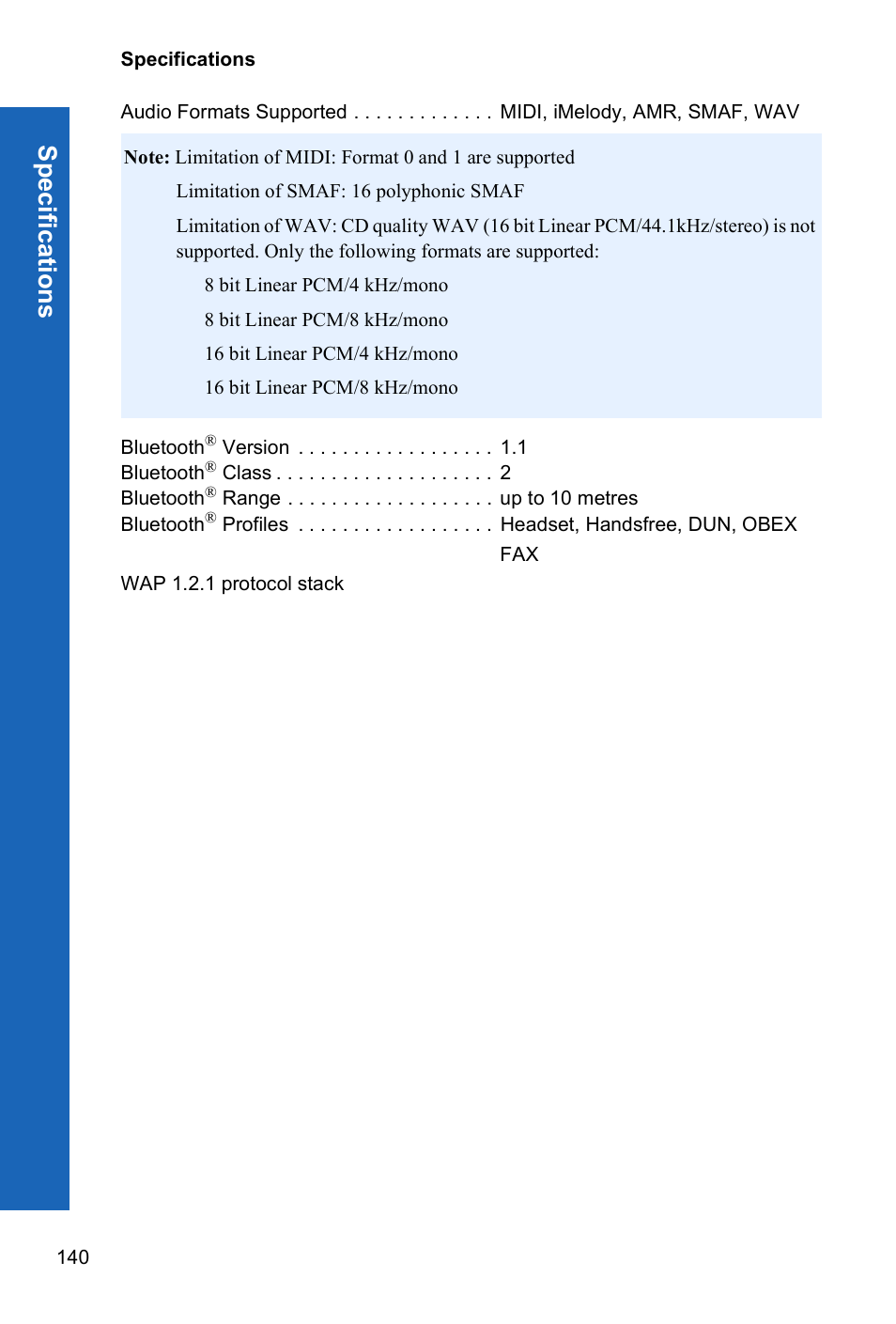 Spe c ific ation s | Panasonic X70 User Manual | Page 139 / 155