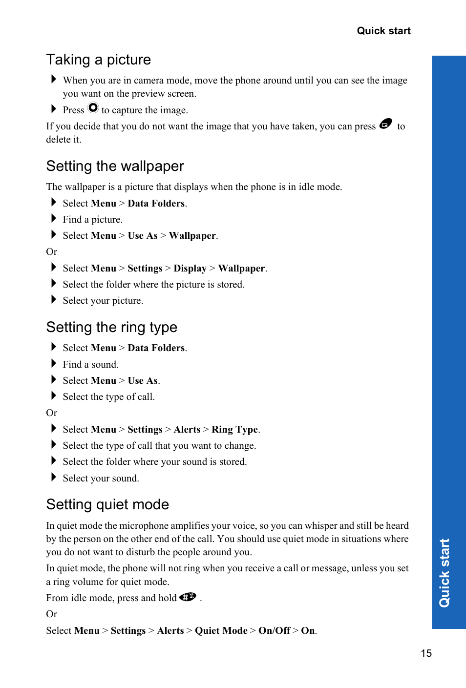 Taking a picture, Setting the wallpaper, Setting the ring type | Setting quiet mode | Panasonic X70 User Manual | Page 14 / 155