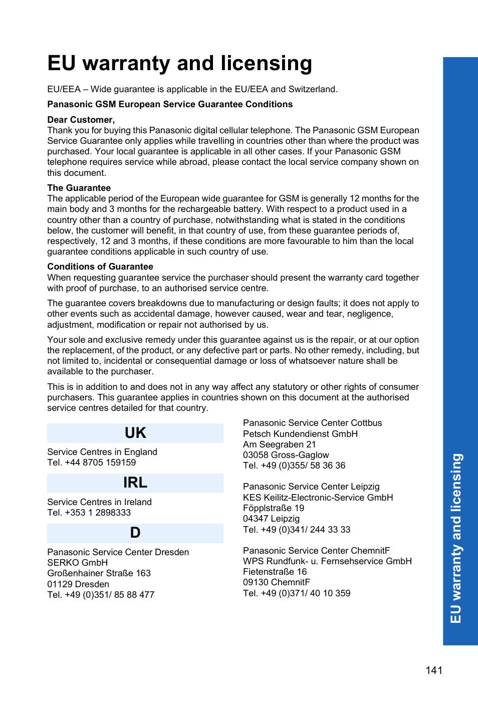 Eu warranty and licensing, Uk irl d | Panasonic X70 User Manual | Page 140 / 155