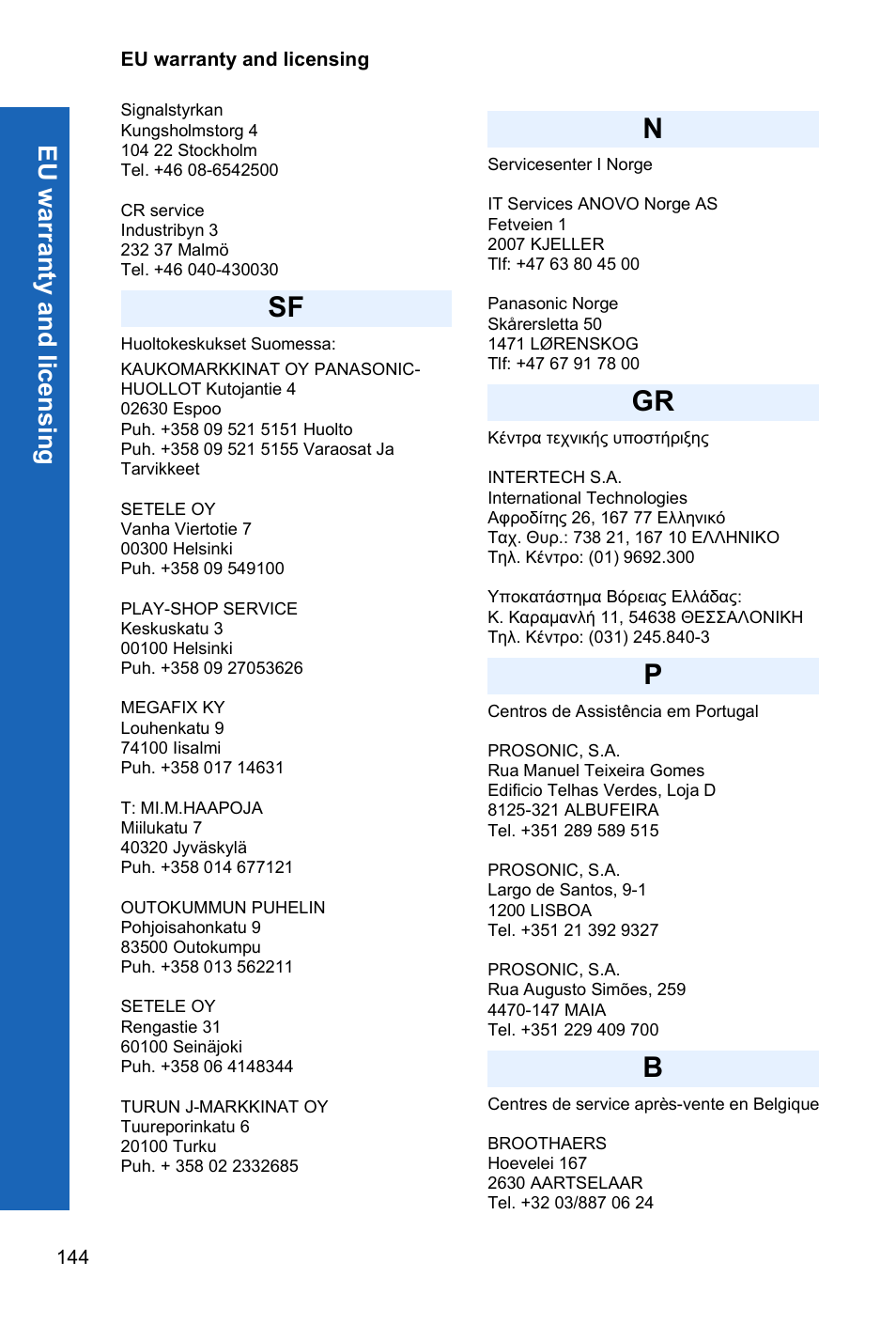 Sf n gr p b, Eu w a rranty an d lic ens ing | Panasonic X70 User Manual | Page 143 / 155