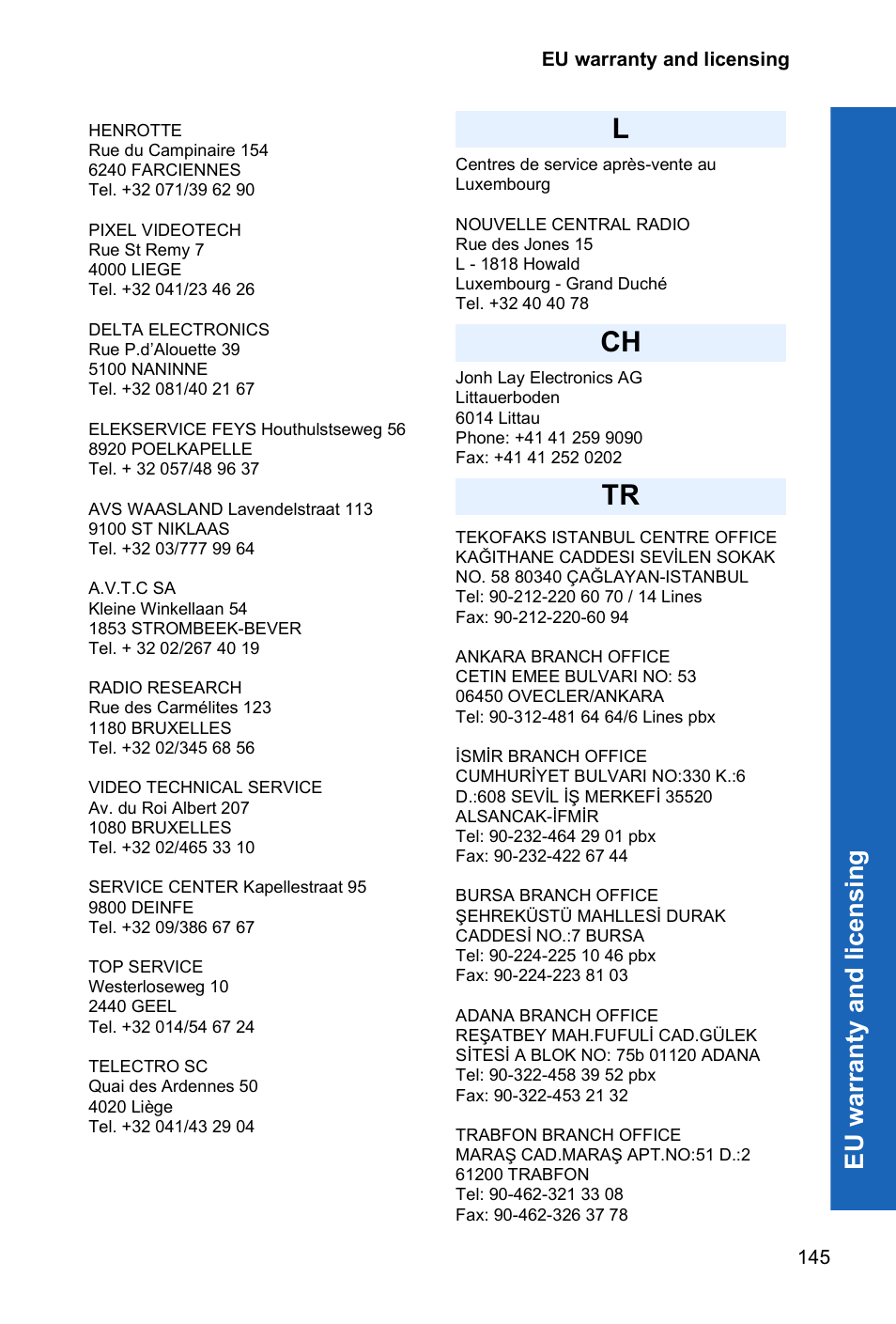Lch tr, Eu w a rr anty a nd l icen sing | Panasonic X70 User Manual | Page 144 / 155