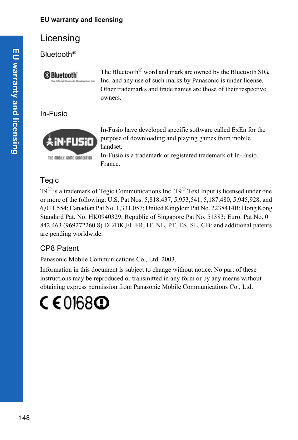 Licensing, Bluetooth, In-fusio | Tegic, Cp8 patent, Eu w a rranty an d lic ens ing | Panasonic X70 User Manual | Page 147 / 155