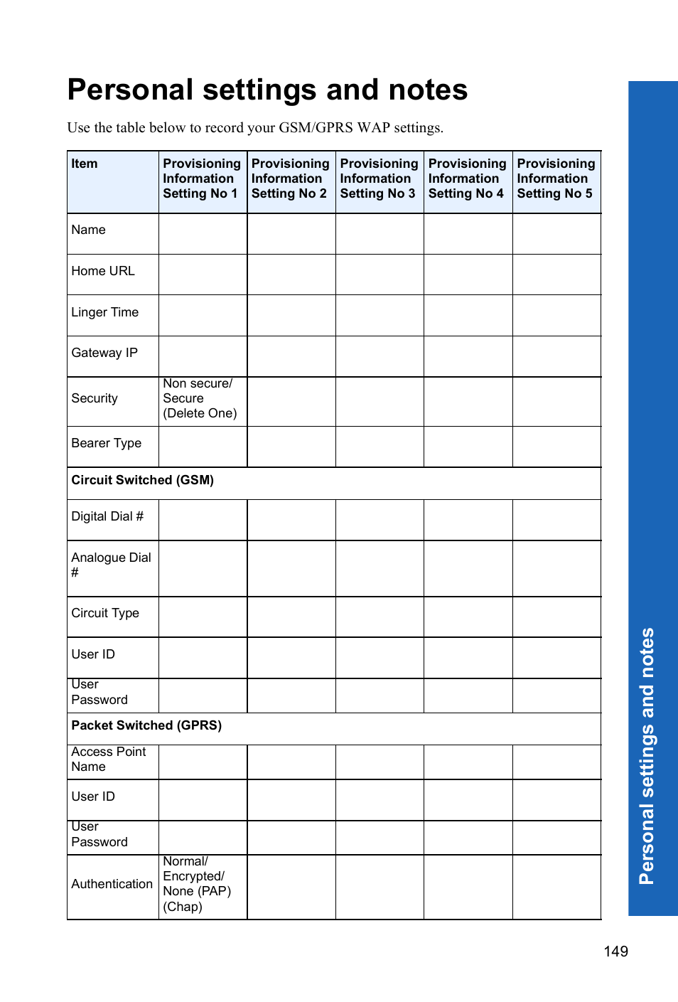 Personal settings and notes, Pe rs ona l se ttings an d no tes | Panasonic X70 User Manual | Page 148 / 155